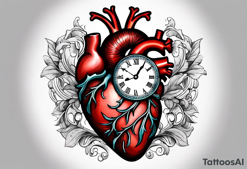 anatomical heart with clock in middle.
Clock hands on 8 and 5.
Never Say Never written on tattoo tattoo idea