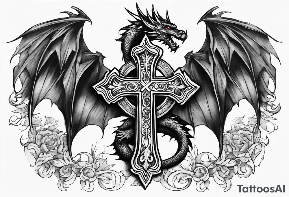 Cross with a crown around it with dragon wings and fire tattoo idea Cross with a crown around it with dragon wings and fire tattoo idea