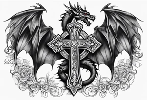 Cross with a crown around it with dragon wings and fire tattoo idea
