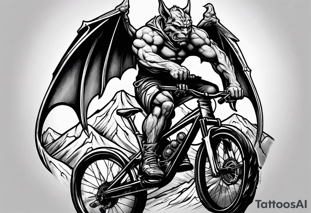 gargoyle riding a full suspension mountain bike tattoo idea