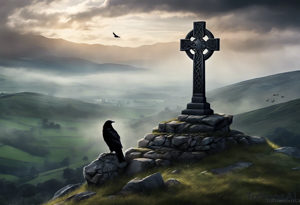 A stone Celtic cross solemnly standing atop a hill, a raven perches atop the cross staring out over the desolation. A ruined stone wall lies crumbling near the cross. Mist rolls along the hilltops adding to the melancholic nature of the scene tattoo idea
