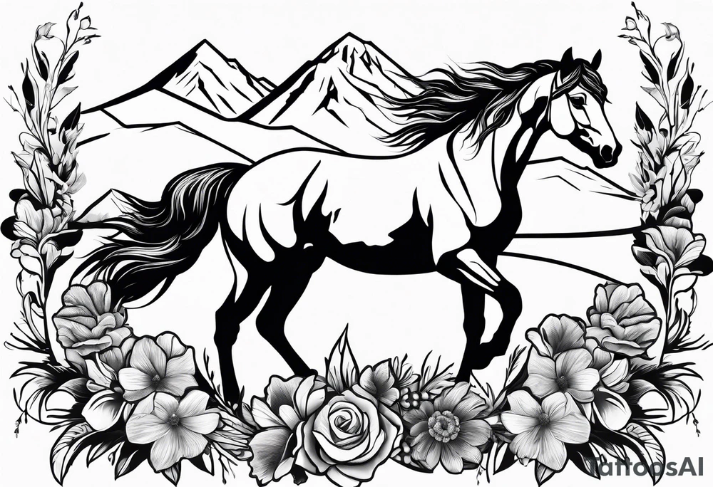 Wild horse, mountain background, feather, flowers, western tattoo idea