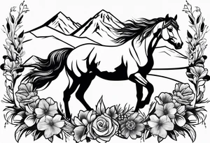 Wild horse, mountain background, feather, flowers, western tattoo idea