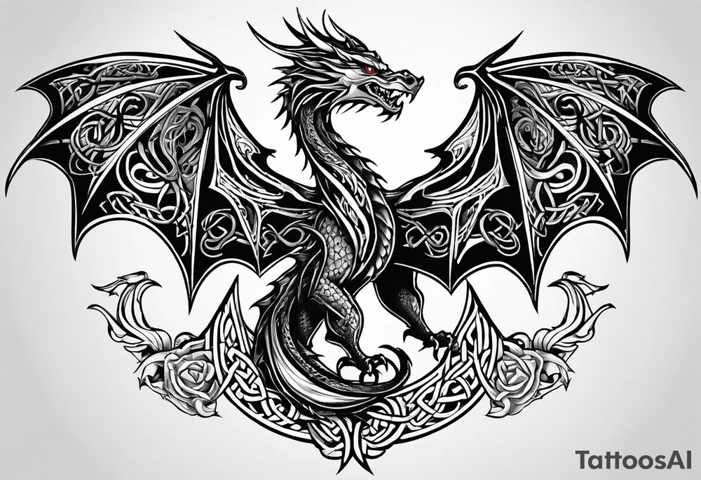 Celtic dragon tattoo with head on chest and tail that wraps over trapezius onto back tattoo idea