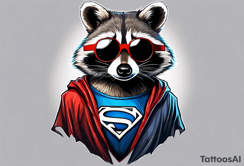 raccoon wearing a Superman hoodie tattoo idea