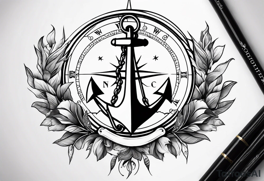 A selucid style anchor in front of a compass with north south east west marked on it and a narrow laurel wreathe wrapped around the compass tattoo idea