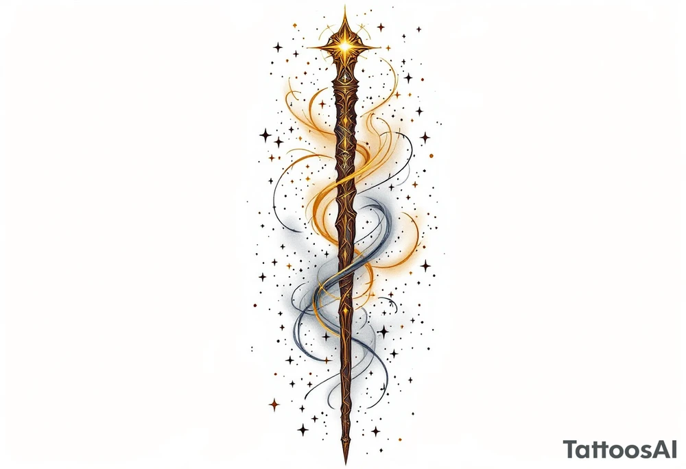 The Elder Wand extended vertically, surrounded by swirling gold and silver sparkles, representing its immense power. The wand’s wood and finish are in deep brown with golden accents, with magic emanating from the tip. tattoo idea