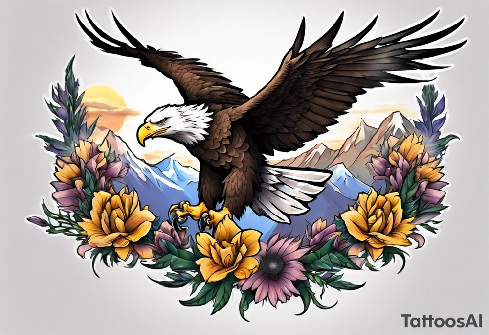 Tribute to Father representing a bald eagle with wings spread with mountain flowers in the background tattoo idea
