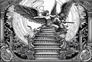 angel fighting a demon w a staircase going up to a moon in the background tattoo idea