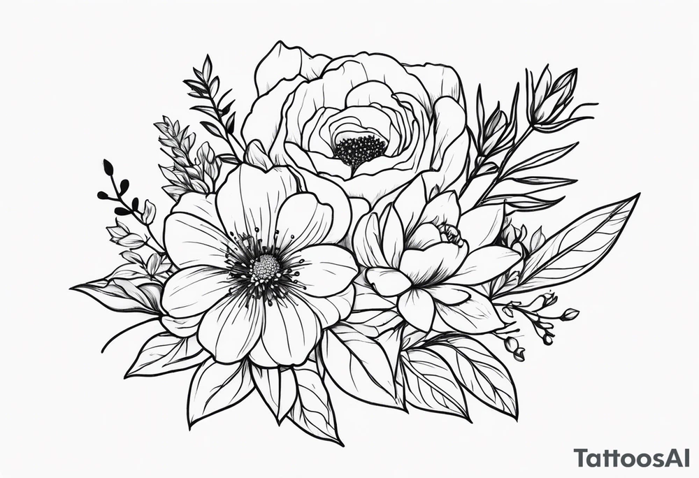 flower bouquet on upper outer arm with birth flower of April and September tattoo idea