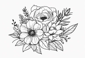 flower bouquet on upper outer arm with birth flower of April and September tattoo idea