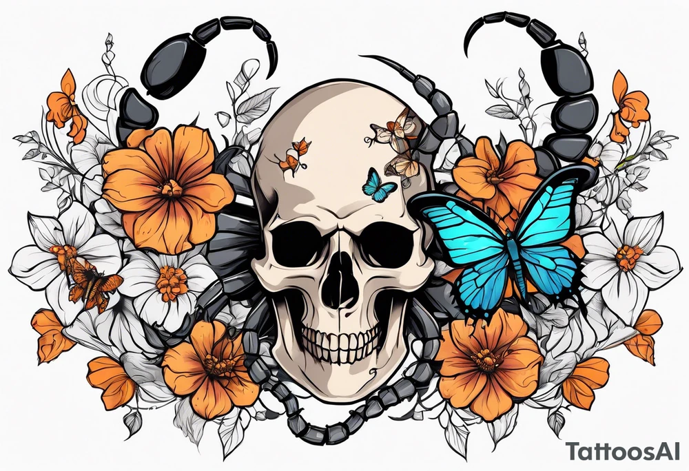 Large scorpion with a skull, flowers, and butterflies tattoo idea
