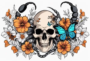 Large scorpion with a skull, flowers, and butterflies tattoo idea