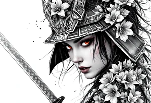 Woman samurai with red eyes wearing an half and broken kitsune mask like an hat, holding 
two katana and Sakura flowers ornement
Tatoo is for upper arm tattoo idea