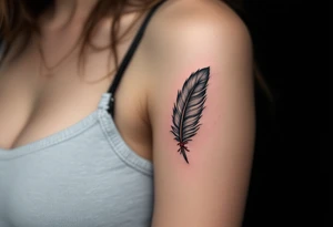 A single eagle feather in gray and black, tied with a red leather strand. tattoo idea