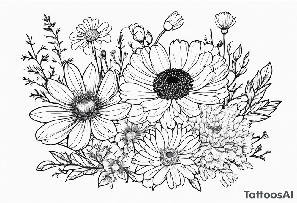 Chrysanthemum with wildflowers, poppy, complimentary flowers tattoo idea