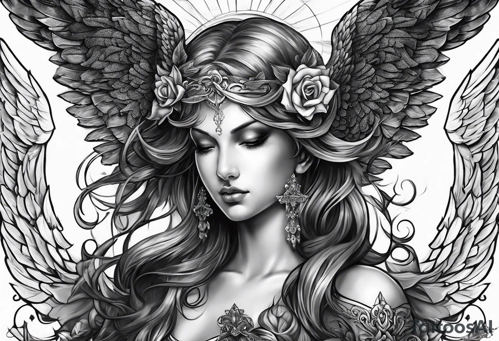 Male American guardian angel and demon angel combined together tattoo idea