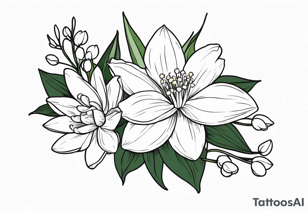 Water Lily, Lily of the Valley, Narcissus, and Gladiolus flower bouquet tattoo idea