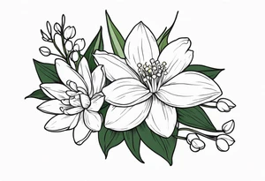 Water Lily, Lily of the Valley, Narcissus, and Gladiolus flower bouquet tattoo idea