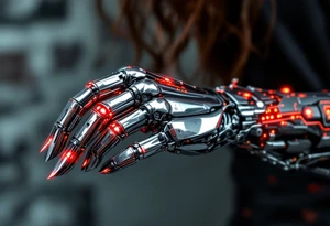 A chrome-plated robotic hand clutching a gleaming silver scythe with glowing red circuitry running up its fingers. tattoo idea