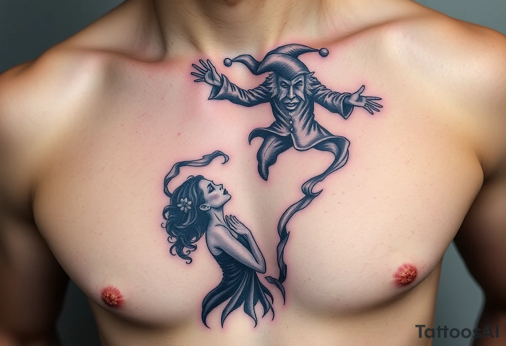 jester hovering over woman in smoke tattoo idea