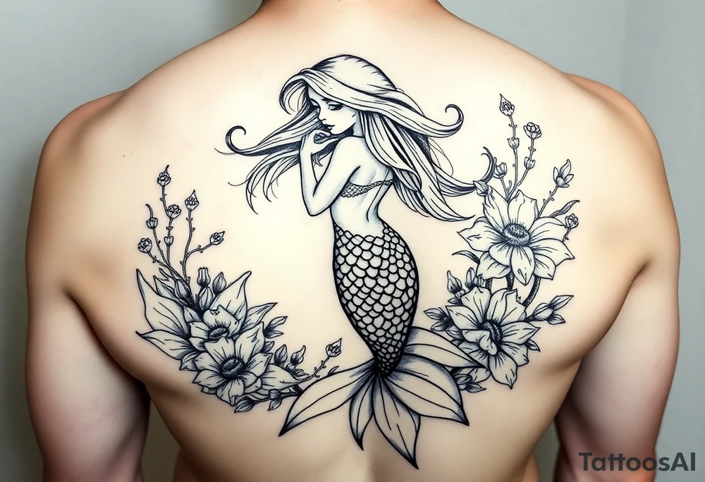 ethereal mermaid with flowing hair among coral and sea flowers tattoo idea