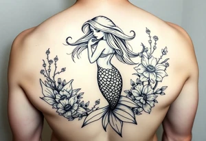 ethereal mermaid with flowing hair among coral and sea flowers tattoo idea
