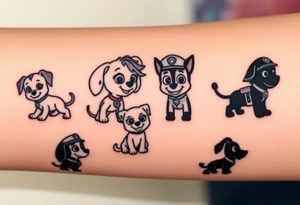 The silhouettes of Rubble
Skye
Zuma
Marshall
Drew Davis
Alex Porter
Rocky Paw Patrol members, arranged in a circular composition with a subtle gradient between them. tattoo idea