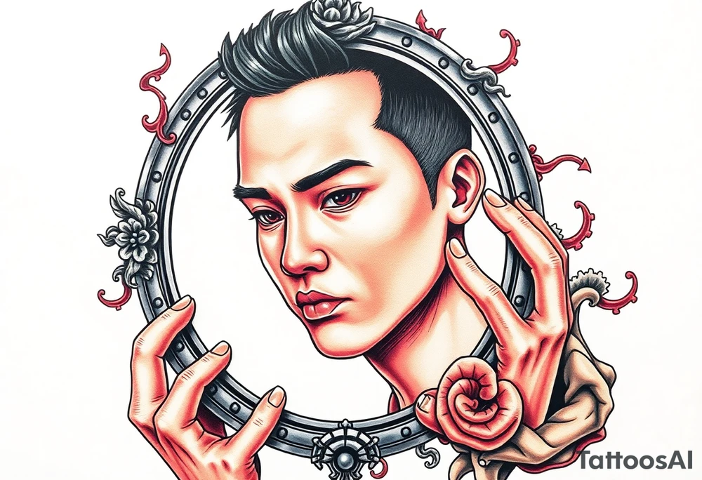 Handsome Asian young guy is looking in cursed mirror tattoo idea