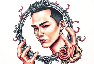 Handsome Asian young guy is looking in cursed mirror tattoo idea