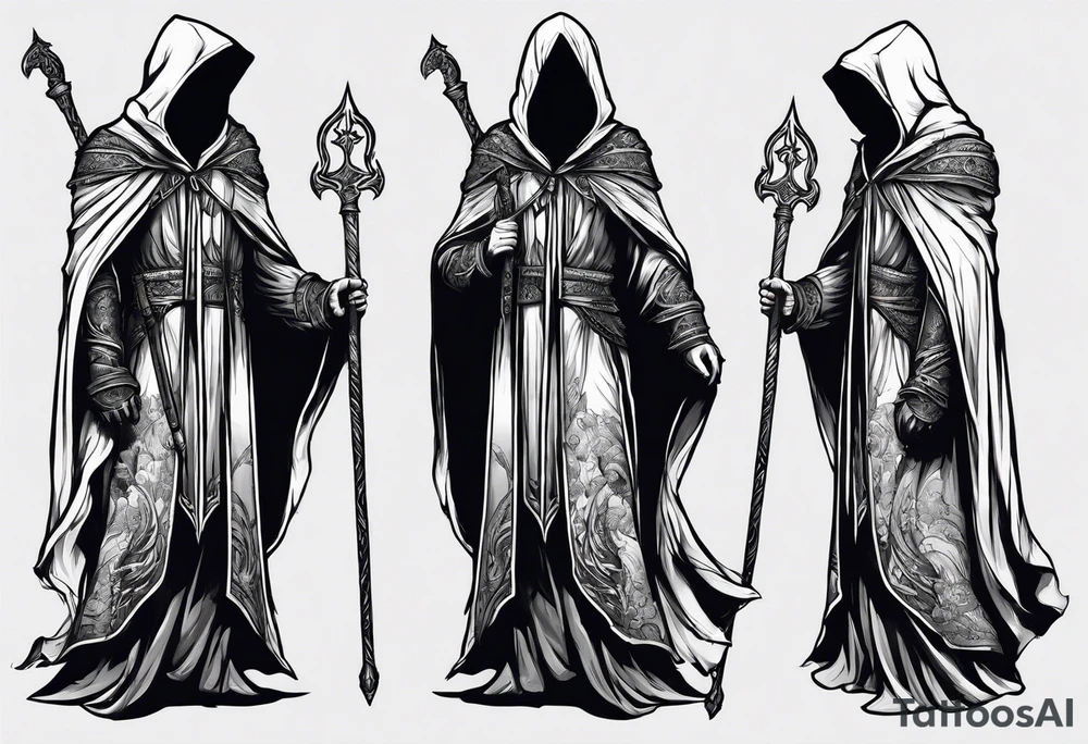 Hooded figure with shaded face carrying staff and wearing a long torn cloak tattoo idea