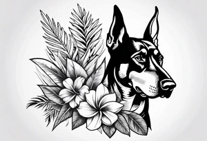 doberman tropical/floral arm sleeve tattoo idea