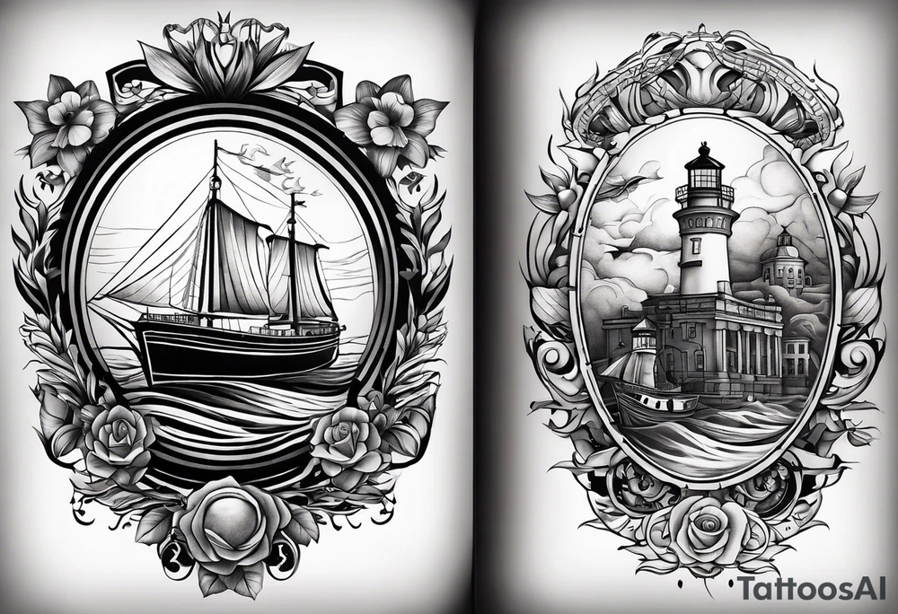 This tattoo captures the essence of Odessa's maritime charm, featuring a steering wheel symbolizing navigation through life's journey, a lighthouse representing guidance and stability, the iconic Potemkin Stairs symbolizing historical ascent, the vast sea embodying freedom, and the grand Opera House depicting cultural elegance. tattoo idea