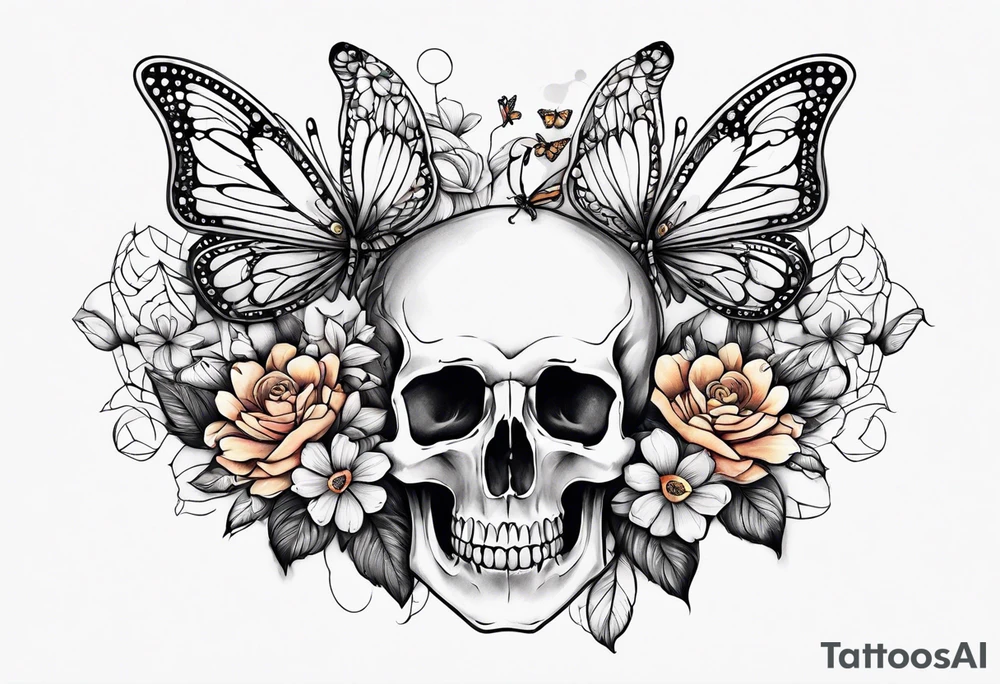 rib bones with flowers surrounding it and butterflies tattoo idea