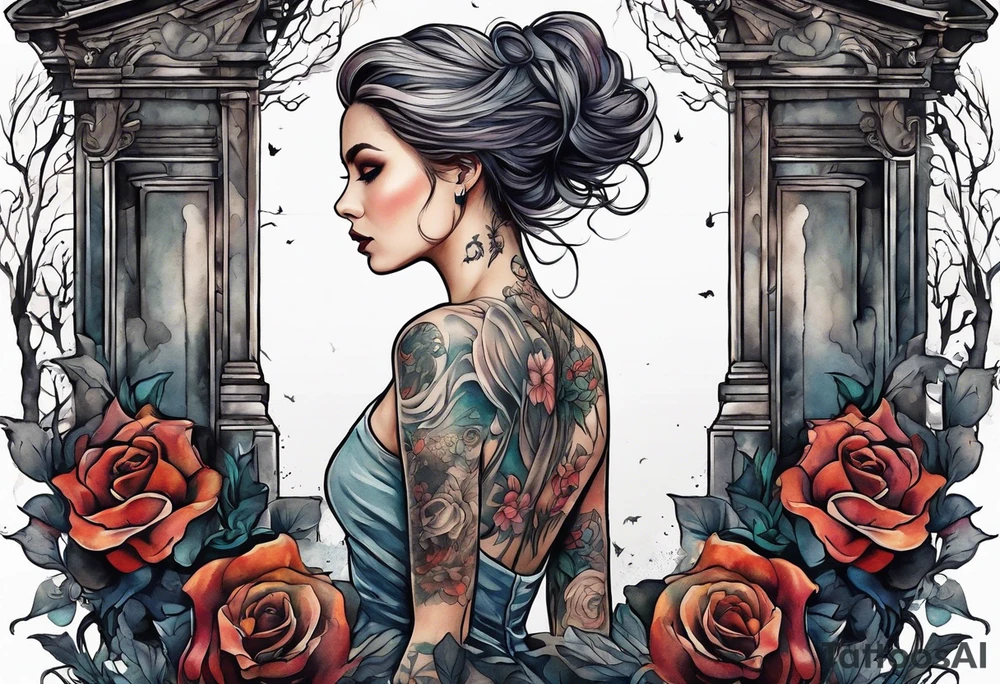Woman walking out of a graveyard  leaving her old terrifying past behind her ethereal and mysterious tattoo idea