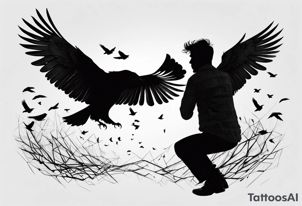 Silhouette of a man on his knees bent over with crows coming out his back like pieces of him flying away. tattoo idea