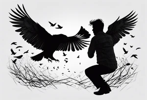 Silhouette of a man on his knees bent over with crows coming out his back like pieces of him flying away. tattoo idea