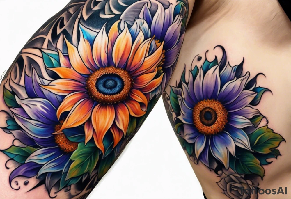 Full arm sleeve with purple, orange and blue sunflowers tattoo idea