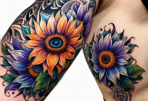 Full arm sleeve with purple, orange and blue sunflowers tattoo idea