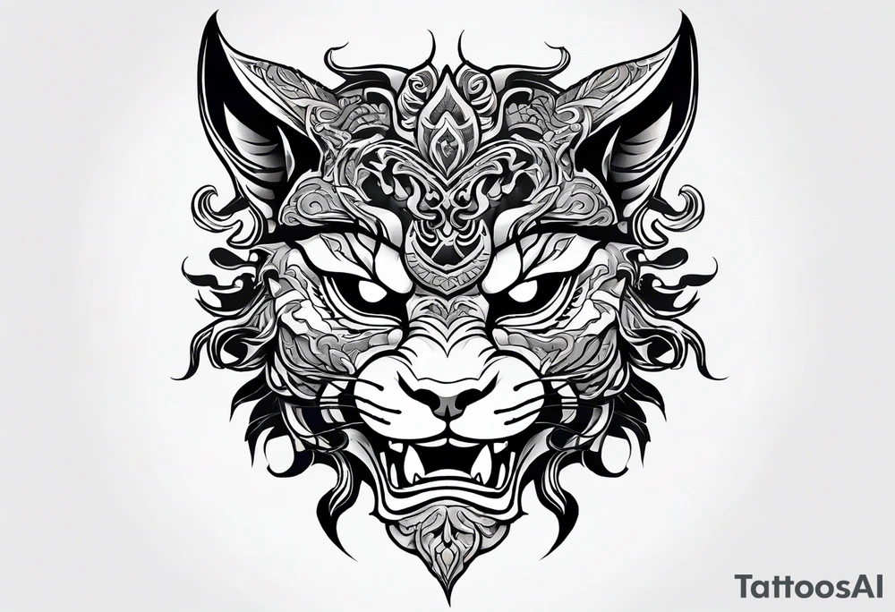 Half oni face mask,  half cat

So its a tatoo divided in the middle tattoo idea