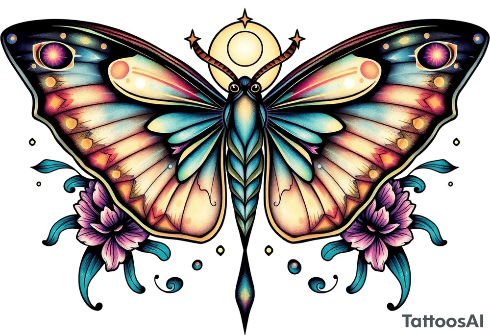 Delicate Luna moth surrounded by celestial accents tattoo idea