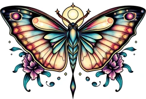 Delicate Luna moth surrounded by celestial accents tattoo idea