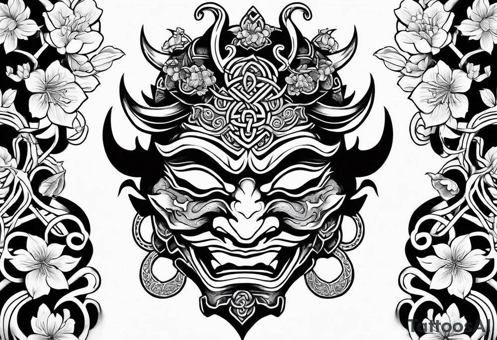 Oni mask with a cherry blossom background in a Celtic style tattoo idea