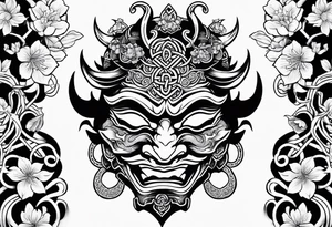 Oni mask with a cherry blossom background in a Celtic style tattoo idea