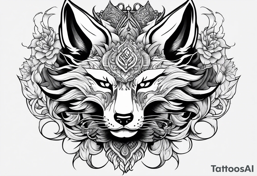 Split one side kitsune, other side oni mask tattoo idea Split one side kitsune, other side oni mask tattoo idea