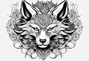 Split one side kitsune, other side oni mask tattoo idea