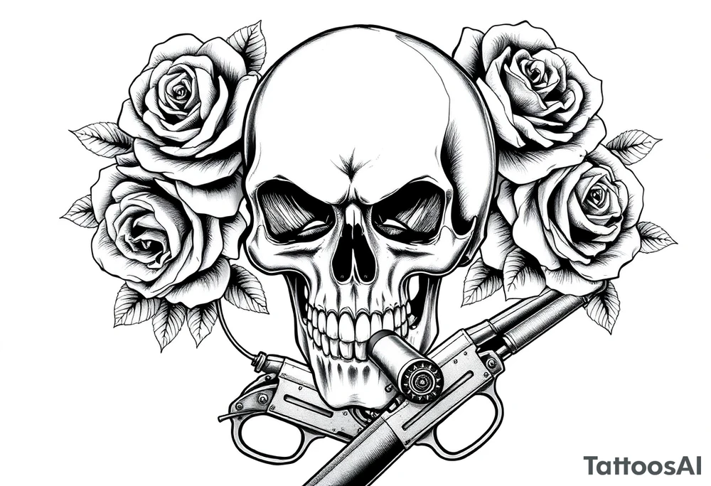 Dark realism skull, wilting roses, smoldering cigar, and antique crossed flintlocks. tattoo idea