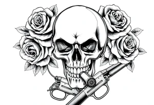 Dark realism skull, wilting roses, smoldering cigar, and antique crossed flintlocks. tattoo idea