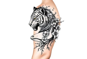 this is a full arm sleeve. All black with a wolf, tiger, whale and fox with sakura branches tattoo idea