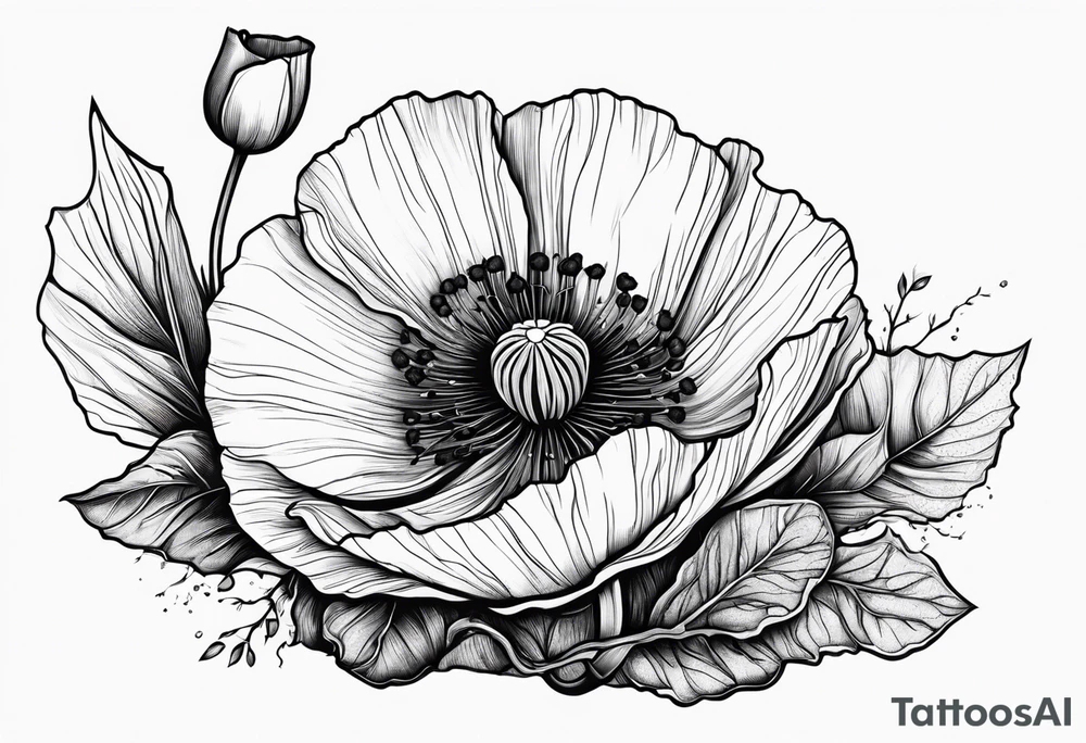 Poppy flower growing from a rock and roots grow down rock tattoo idea